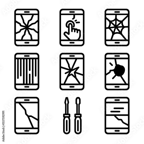 Cracked Screen Icons. Outline icon set of cracked phone screens: shattered glass web, touch ghost icon, spiderweb fracture, pixel