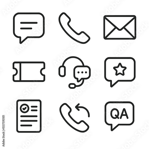 Customer Support Icons. Outline icon set of customer support interactions: chat bubble, phone call, email, ticket, live chat,