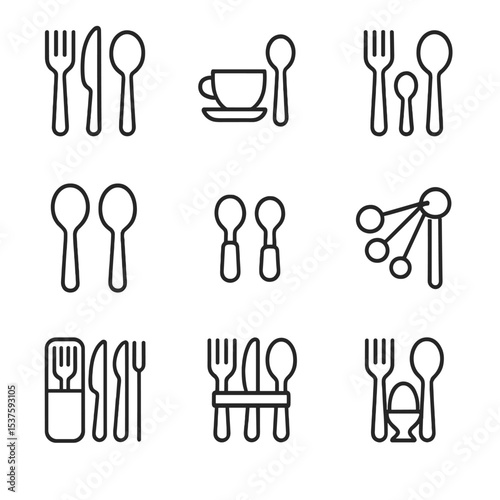 Outline Cutlery Sets. Outline icon set of flatware and spoon sets: five-piece cutlery set, tea service set, dessert set, salad