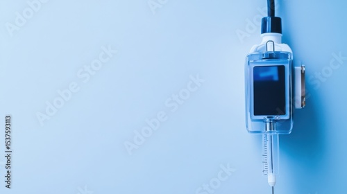 A detailed close-up of an insulin pump attached to a patient against a neutral background, macro shot, Minimalist style