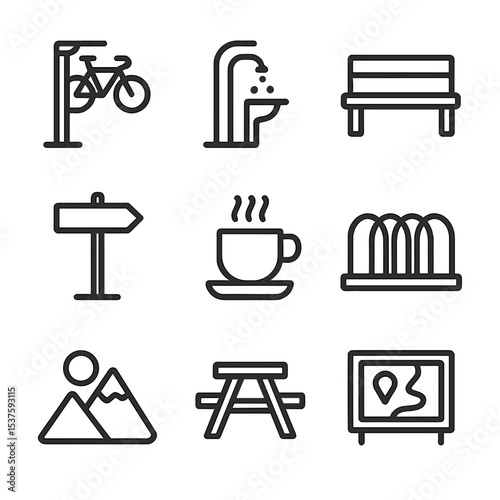 Cycling Route Icons. Outline icon set of cycling tour route stops: bike repair stand, water fountain, rest bench, signpost arrow,