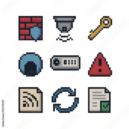 Cybersecurity Icon Grid. Pixel art icon set of grid cybersecurity: firewall shield, intrusion detection sensor, encryption key,