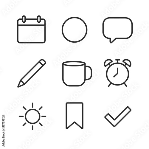 Daily Quote Icons. Outline icon set of daily quote calendar: calendar page, date circle, speech bubble, pen, coffee mug, alarm