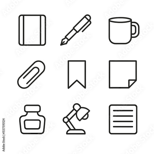 Daily Journaling Icons. Outline icon set of daily journaling: journal notebook, fountain pen, coffee mug, paper clip, bookmark,