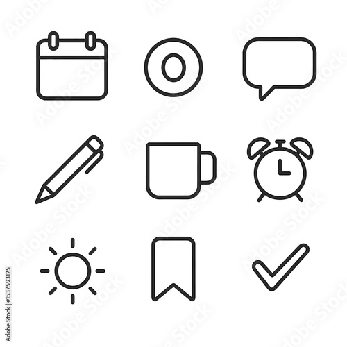 Daily Quote Icons. Outline icon set of daily quote calendar: calendar page, date circle, speech bubble, pen, coffee mug, alarm