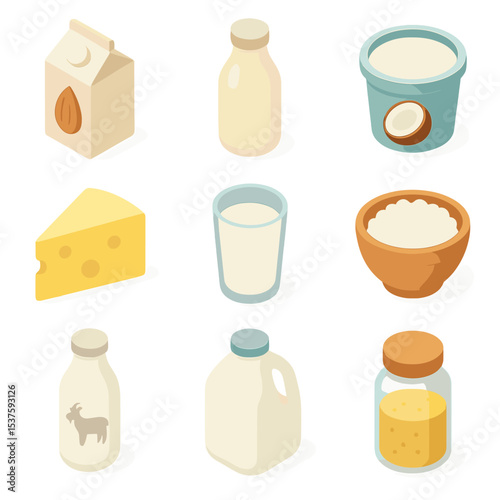 Dairy Alternatives Icons. Isometric Flat icon set of dairy and alternatives: almond milk carton, soy milk bottle, coconut yogurt
