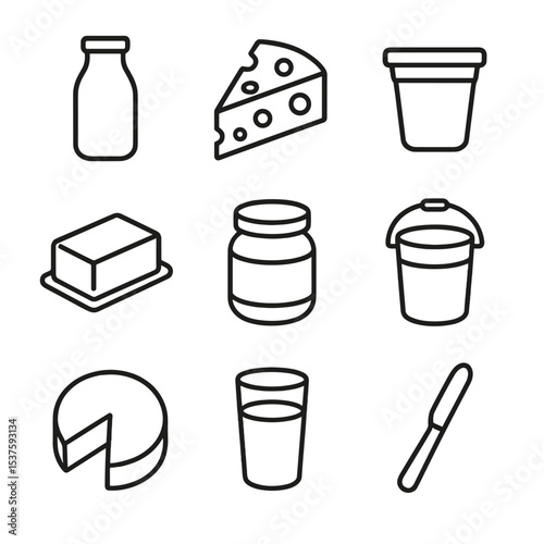 Dairy Product Icons. Outline icon set of dairy farm products: milk bottle, cheese wedge, yogurt cup, butter block, cream jar, milk