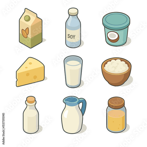 Dairy Alternatives Icons. Isometric Flat icon set of dairy and alternatives: almond milk carton, soy milk bottle, coconut yogurt