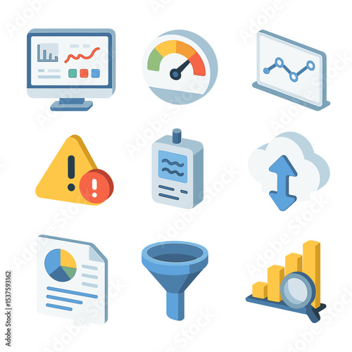 Data Analytics Icon Set. Isometric Flat icon set of data analytics and monitoring: real-time dashboard, KPI gauge, trend line