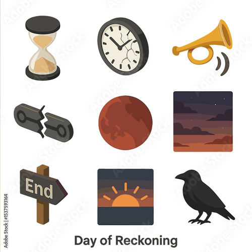 Day of Reckoning Icons. Isometric Flat icon set of Day of Reckoning symbols: hourglass end, broken clock, final horn, shattered
