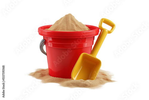 Red bucket and yellow shovel holding sand on transparent background, children's beach toys