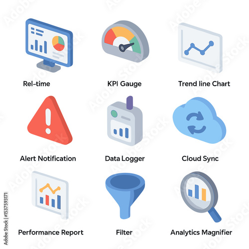 Data Analytics Icon Set. Isometric Flat icon set of data analytics and monitoring: real-time dashboard, KPI gauge, trend line