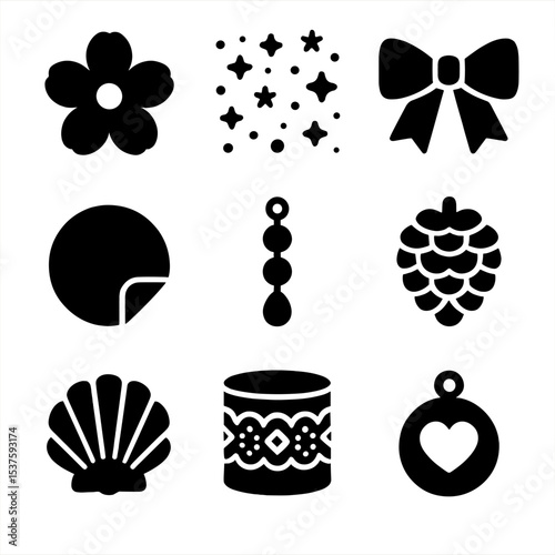 Decorative Icon Set. Solid, Filled icon set of decorative embellishments: dried flower, glitter sprinkle, ribbon bow, sticker