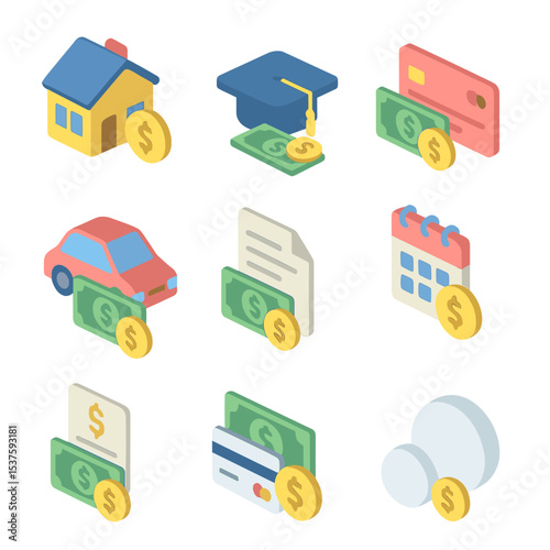 Debt Repayment Icons. Isometric Flat icon set of debt repayment strategies: mortgage payment, student loan, credit card, auto loan