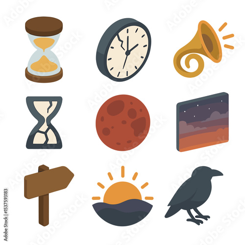 Day of Reckoning Icons. Isometric Flat icon set of Day of Reckoning symbols: hourglass end, broken clock, final horn, shattered