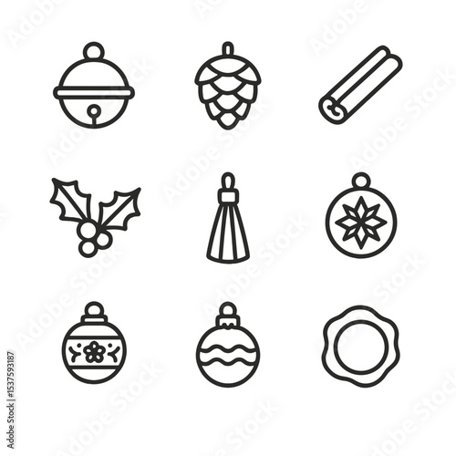 Decorative Gift Icons. Outline icon set of decorative gift ornaments: jingle bell, pinecone, cinnamon stick, holly sprig, tassel,