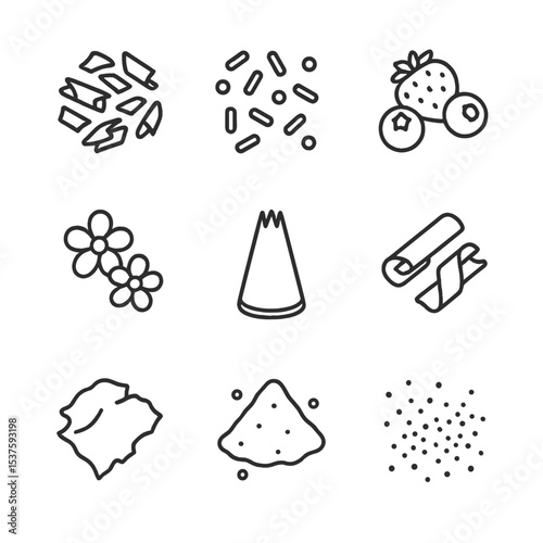 Decorative Icon Set. Outline icon set of decoration elements: chocolate shavings, sprinkles, fresh berries, edible flowers, piping