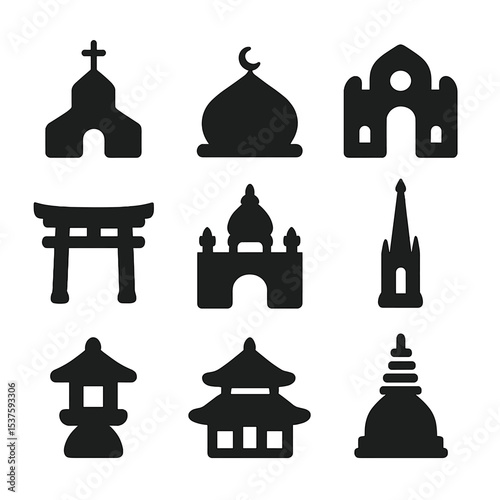 Diverse Worship Icons. Solid, Filled icon set of places of worship diversity: church silhouette, mosque dome, synagogue façade,