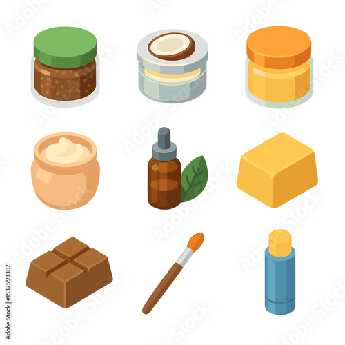 DIY Lip Care Icons. Isometric Flat icon set of lip care DIY: sugar lip scrub jar, coconut oil balm tin, honey lip mask jar, shea