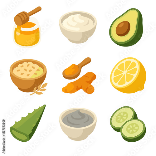 DIY Skincare Ingredients Icons. Isometric Flat icon set of DIY skincare ingredients: honey, yogurt, avocado, oatmeal, turmeric,