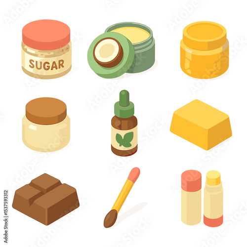 DIY Lip Care Icons. Isometric Flat icon set of lip care DIY: sugar lip scrub jar, coconut oil balm tin, honey lip mask jar, shea
