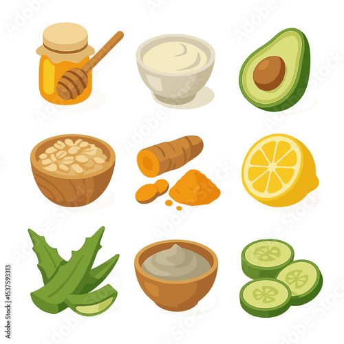 DIY Skincare Ingredients Icons. Isometric Flat icon set of DIY skincare ingredients: honey, yogurt, avocado, oatmeal, turmeric,