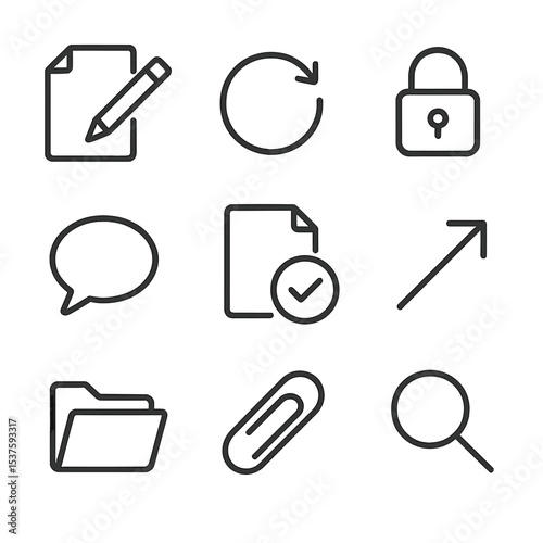 Document Collaboration Icons. Outline icon set of document collaboration: pencil on document, version history, lock/unlock,