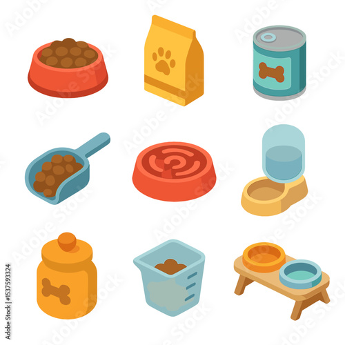 Dog Feeding Icons. Isometric Flat icon set of dog feeding accessories: dog bowl, kibble bag, wet food can, food scoop, slow feeder