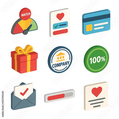Donation Icon Set. Isometric Flat icon set of donation matching initiatives: match meter gauge, donation form, credit card, gift