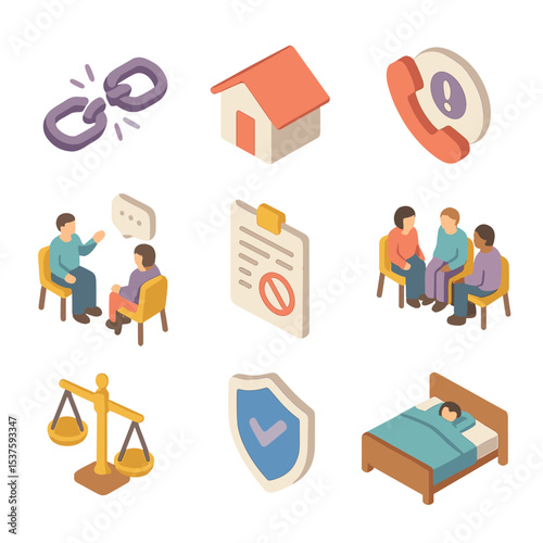 Domestic Violence Prevention Icons. Isometric Flat icon set of Domestic Violence Prevention: broken chain, shelter roof, emergency
