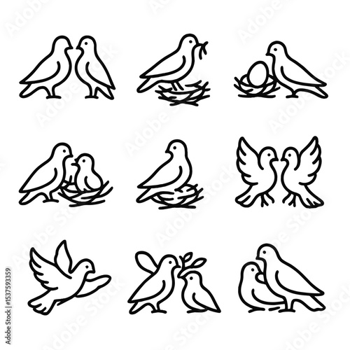 Dove Love Icons. Outline icon set of dove pairs and mating: pair silhouette, nest building, egg, feeding chick, incubation,