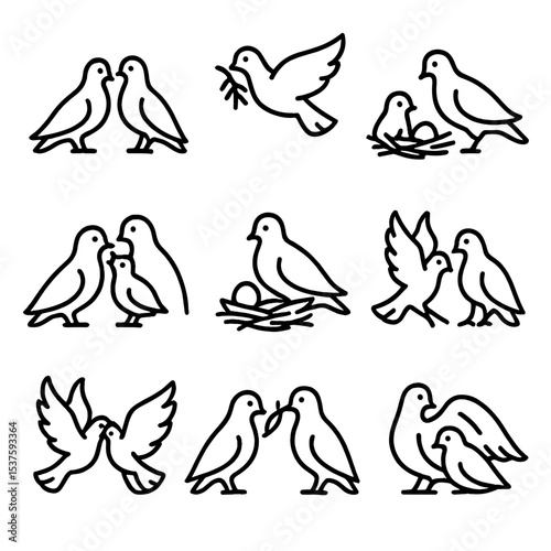 Dove Love Icons. Outline icon set of dove pairs and mating: pair silhouette, nest building, egg, feeding chick, incubation,