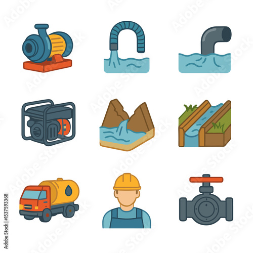 Drainage Operations Icons. Isometric Flat icon set of drainage and pumping operations: water pump, suction hose, drainage pipe,