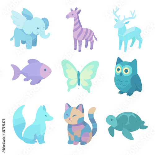 Dream Fauna Icons. Isometric Flat icon set of dream fauna creatures: winged elephant, striped giraffe, crystal deer, levitating