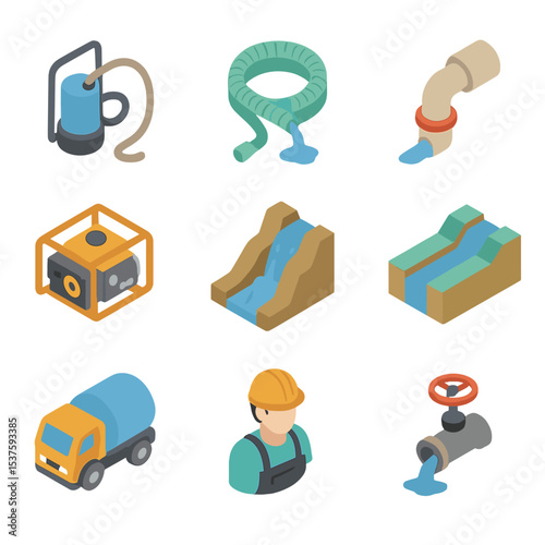 Drainage Operations Icons. Isometric Flat icon set of drainage and pumping operations: water pump, suction hose, drainage pipe,