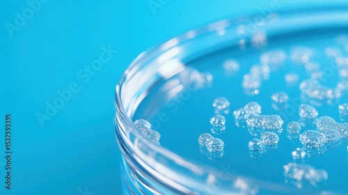 A detailed close-up of bacteria in a petri dish against a transparent blue background, macro shot, Minimalist style