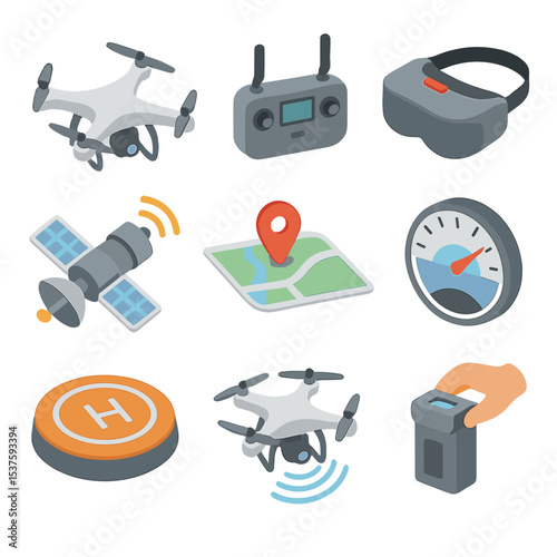 Drone Icon Set. Isometric Flat icon set of aerial drone photography: quadcopter drone, remote controller, FPV goggles, GPS