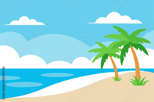 Tropical Beach Paradise Palm Trees, Ocean, and Sunny Sky Illustration