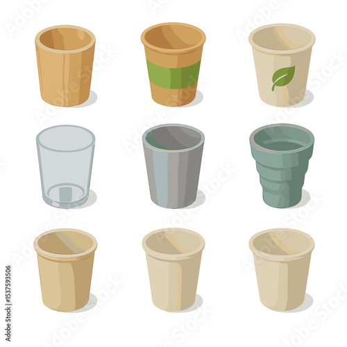 Eco-Friendly Cup Icons. Isometric Flat icon set of eco-friendly cup alternatives: bamboo cup, paper cup with PLA lining,