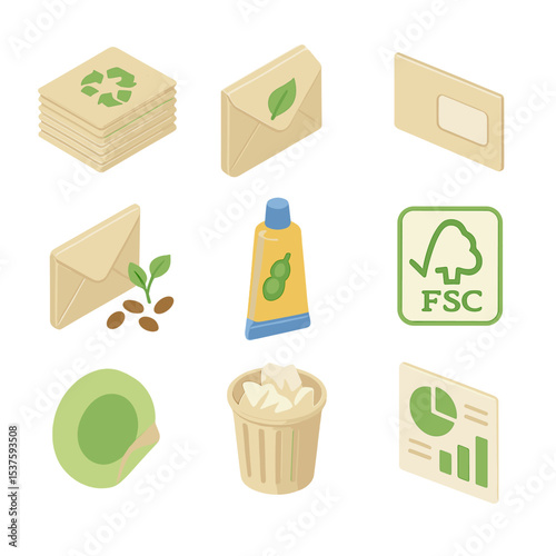 Eco-Friendly Envelope Icons. Isometric Flat icon set of Eco-Friendly Envelope Solutions: recycled paper stack, compostable