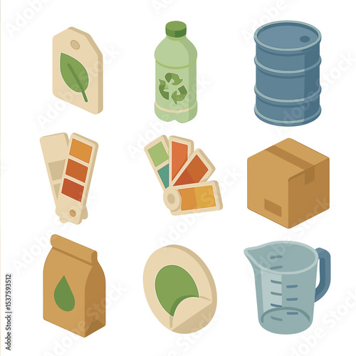 Eco-friendly Packaging Icons. Isometric Flat icon set of dye sourcing and packaging: eco-label, recycled bottle, bulk drum, sample