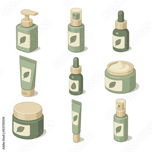 Eco-Friendly Skincare Icons. Isometric Flat icon set of eco-conscious routine steps: cleanser pump, toner spray, serum dropper,