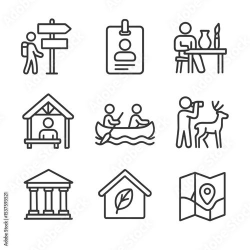 Eco-Tourism Icon Set. Outline icon set of eco-cultural tourism: guided trail sign, visitor badge, craft workshop, storytelling hut