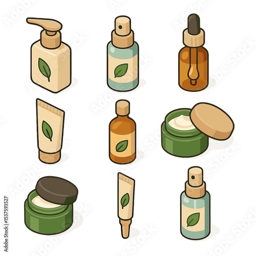 Eco-Friendly Skincare Icons. Isometric Flat icon set of eco-conscious routine steps: cleanser pump, toner spray, serum dropper,