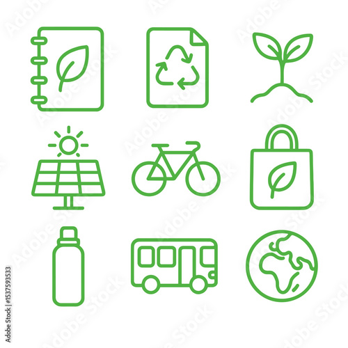 Eco-Friendly Icon Set. Outline icon set of eco-friendly tracking: green notebook, recycled paper icon, leaf sprout, solar panel,