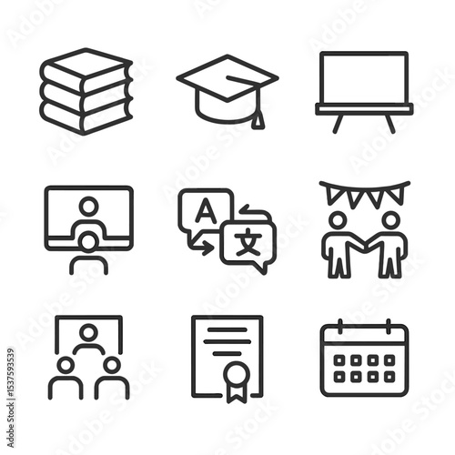 Educational Icons Set. Outline icon set of integration and education programs: book stack, graduation hat, classroom chalkboard,