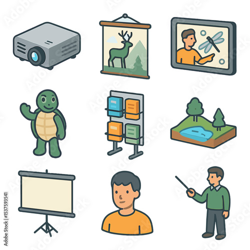 Educational Outreach Icons. Isometric Flat icon set of educational outreach programs: classroom projector, wildlife poster,