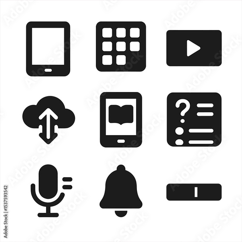 Educational App Icons. Solid, Filled icon set of educational apps and tools: tablet device, app icon grid, video tutorial play