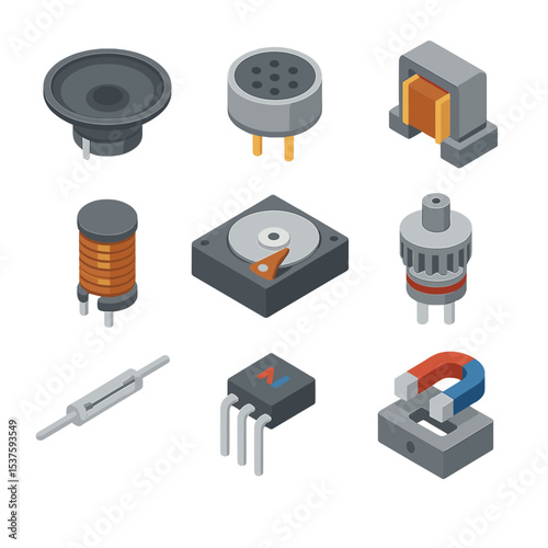 Electronic Component Icons. Isometric Flat icon set of electronic components with magnets: speaker cone, microphone element,