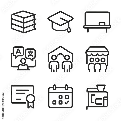 Educational Icons Set. Outline icon set of integration and education programs: book stack, graduation hat, classroom chalkboard,